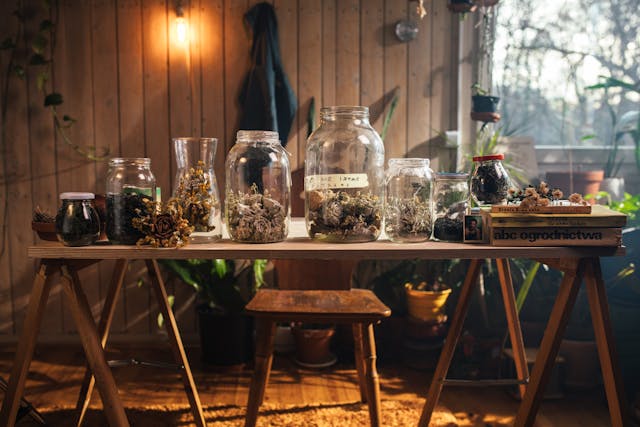 a table with a bunch of jars and plants on it